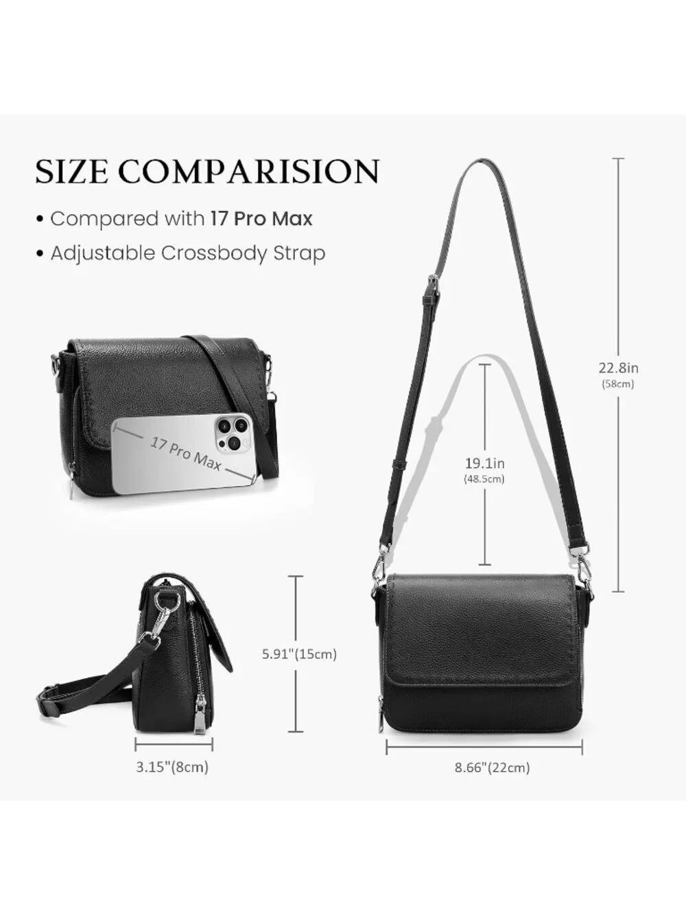 Women's Black Genuine Leather Medium Purse Wallet Travel Crossbody Bag